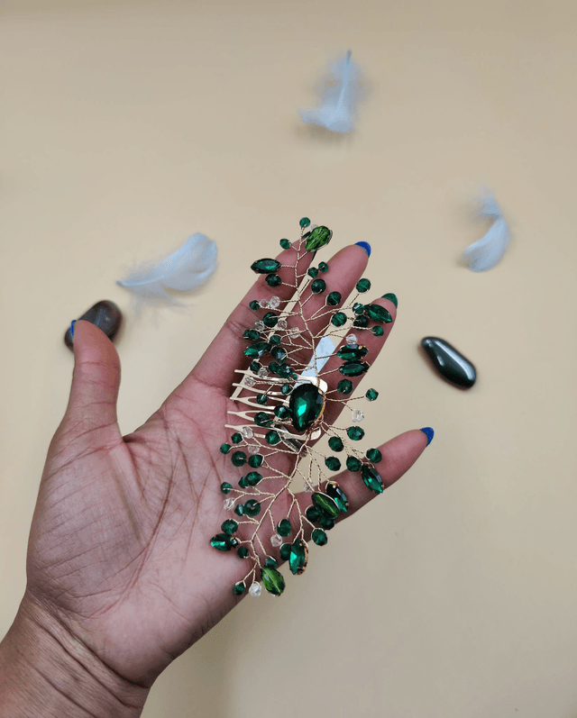 Peigne de cheveux en cristaux vert foncé et perle, accessoire de coiffure avec strass vert