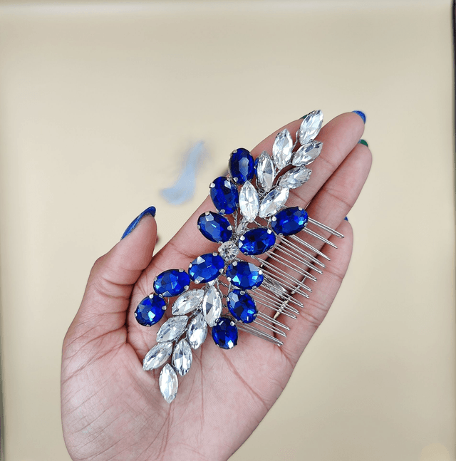 Peigne cheveux strass cristaux argenté et bleu royale ou vert