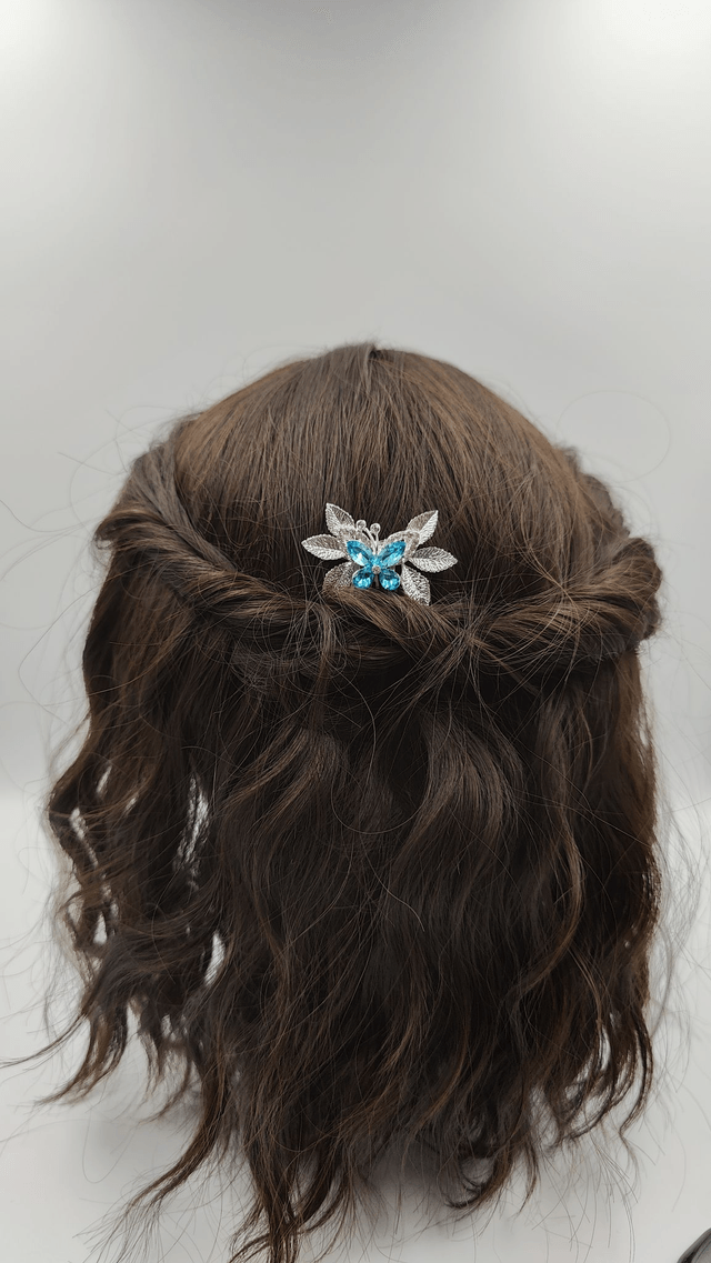Petit peigne à cheveux élégant, bijoux papillon argenté et feuilles scintillantes