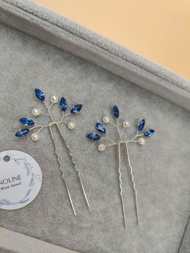 Épingles à cheveux argentées avec strass verts ou bleus et perles - Accessoires faits main élégants