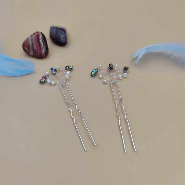 Épingles à cheveux argentées avec strass multicolores et perles ivoires - Accessoires faits main élégants pour coiffures