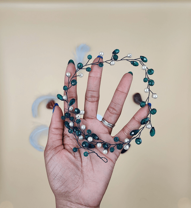 Vigne de cheveux perles et cristaux vert, bandeau de cheveux de mariée, couronne 