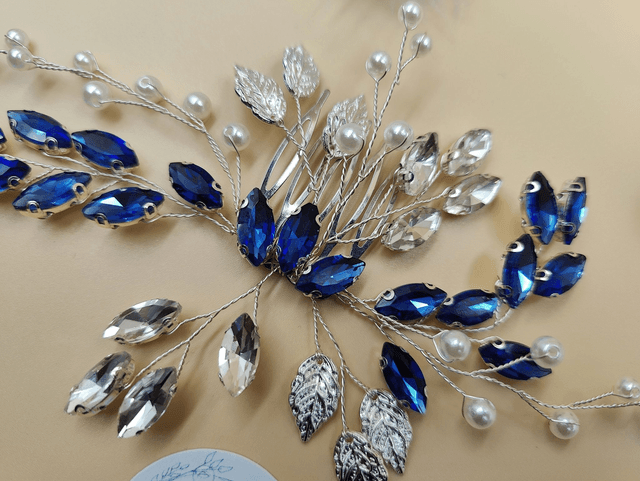 Peigne de cheveux argenté, strass bleu royale et transparent, peigne de cheveux de mariée, accessoire de coiffure