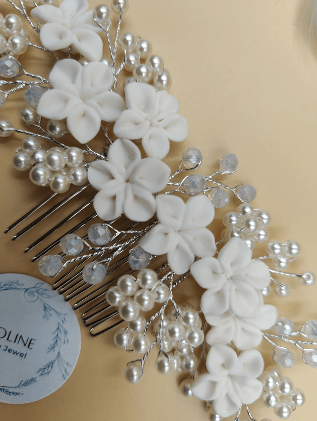 Bijoux cheveux fleurs en pâte polymère et perles, peigne à cheveux fleurs polymères