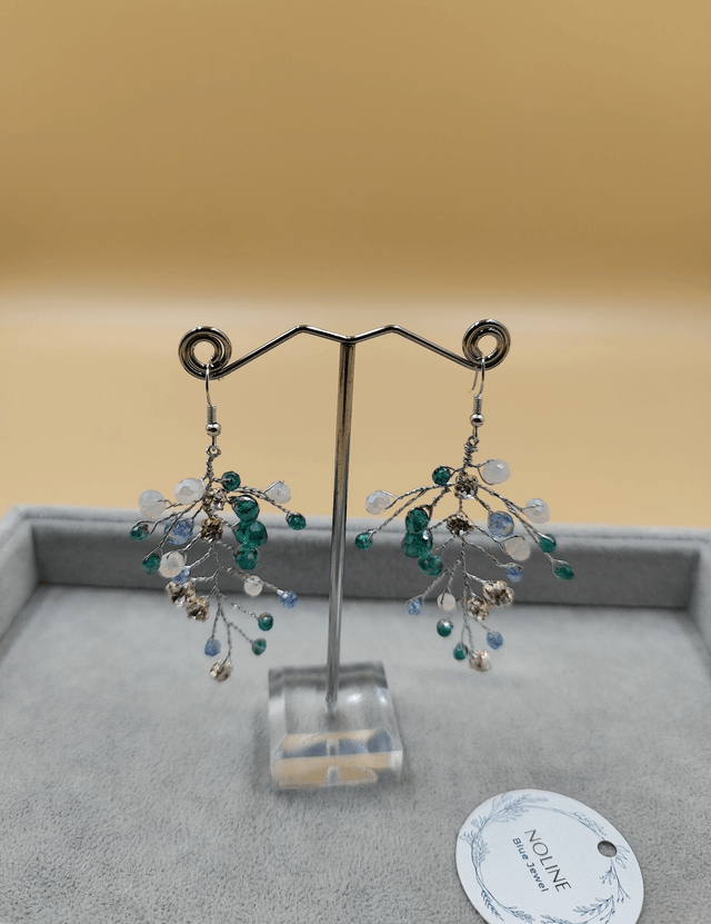 boucles d'oreilles pendantes strass rond bleu, vert et argent