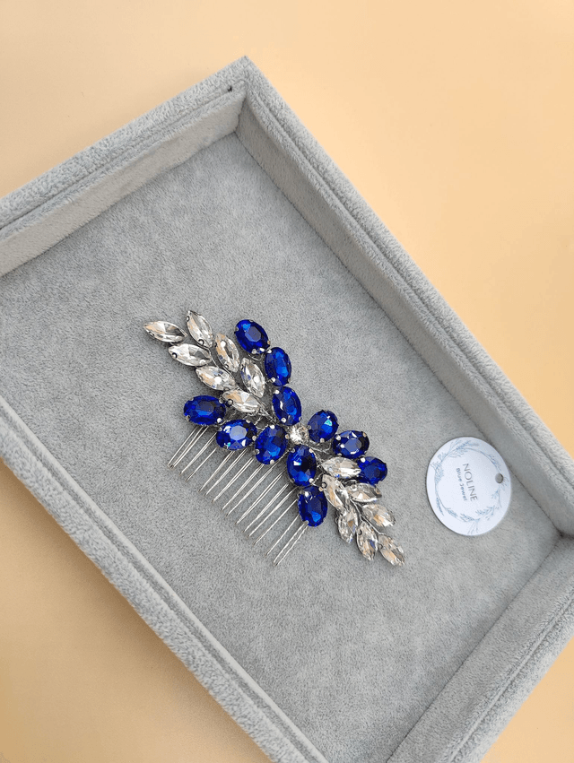 Peigne cheveux strass cristaux argenté et bleu royale ou vert