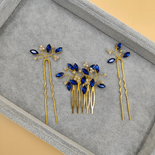  Parure cheveux dorée avec peigne et épingles assortis - Strass rose, bleu, vert, rouge ou noir