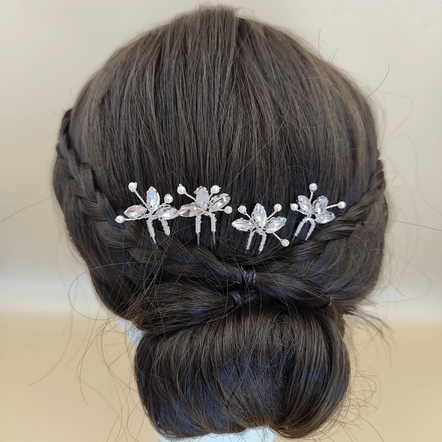 Lot de 4 épingles à cheveux argentées avec strass colorés et perles - 7 modèles: bleu aquamarine, bleu royal, rouge, vert, lavande, noir ou clair
