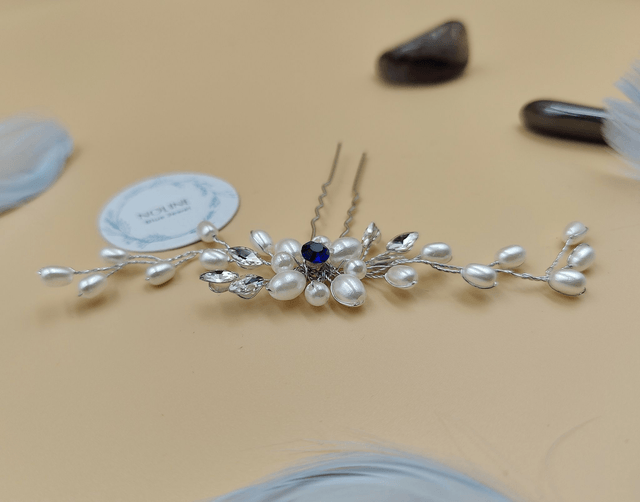 Pic à cheveux perles et strass bleu, petites épingles à cheveux perles blanches