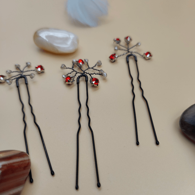 Lot de 3 épingles à cheveux noires avec strass rouges et perles argentées - Accessoires de coiffure élégant pour mariage, soirée ou fêtes