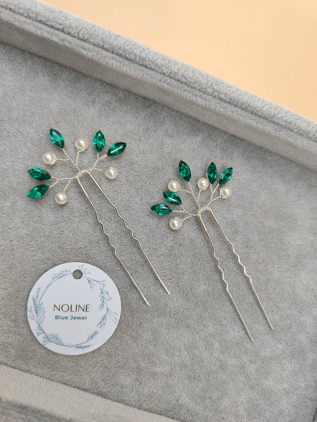 Épingles à cheveux argentées avec strass verts ou bleus et perles - Accessoires faits main élégants