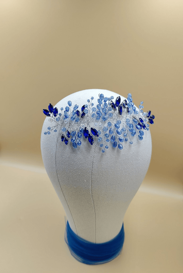 Bandeau de cheveux strass bleu et perles clair, bijou de cheveux pour mariée