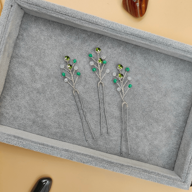 Lot de 3 épingles à cheveux argentées avec strass colorés - Choix de bleu, vert, noir ou rouge 
