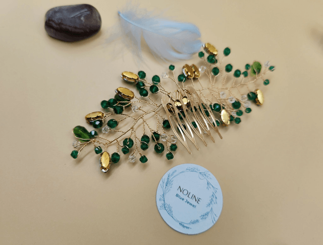 Peigne de cheveux en cristaux vert foncé et perle, accessoire de coiffure avec strass vert