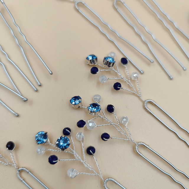 Lot de 3 épingles à cheveux argentées avec strass colorés - Choix de bleu, vert, noir ou rouge 