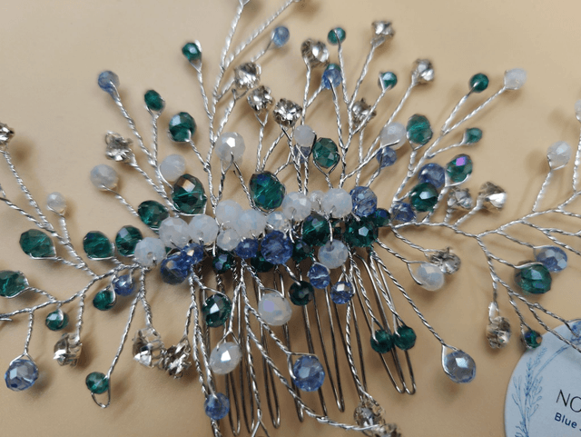 Peigne à cheveux strass brillant bleu, vert et argent, accessoire coiffure de mariée, bandeau pour cheveux, accessoire chignon