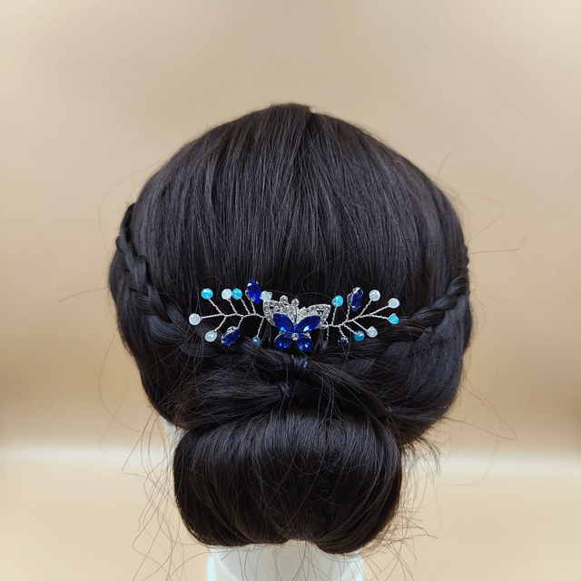 Peigne cheveux doré ou argenté avec papillon, strass bleus et perles 