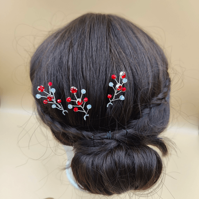 Lot de 3 épingles à cheveux argentées avec strass colorés - Choix de bleu, vert, noir ou rouge 