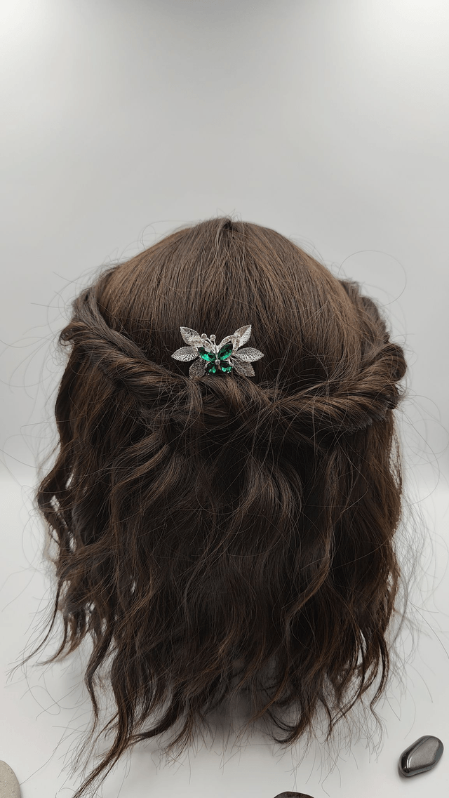 Petit peigne à cheveux élégant, bijoux papillon argenté et feuilles scintillantes