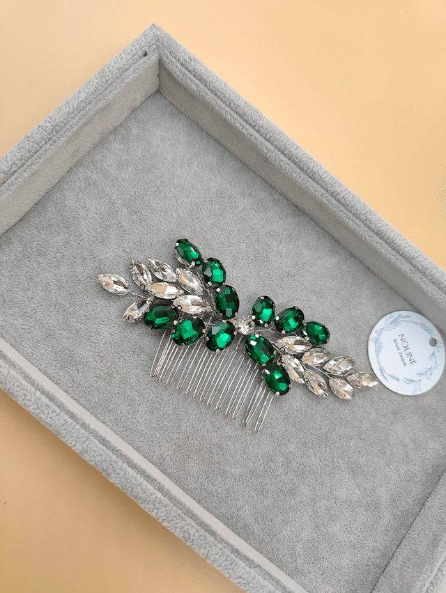 Peigne cheveux strass cristaux argenté et bleu royale ou vert