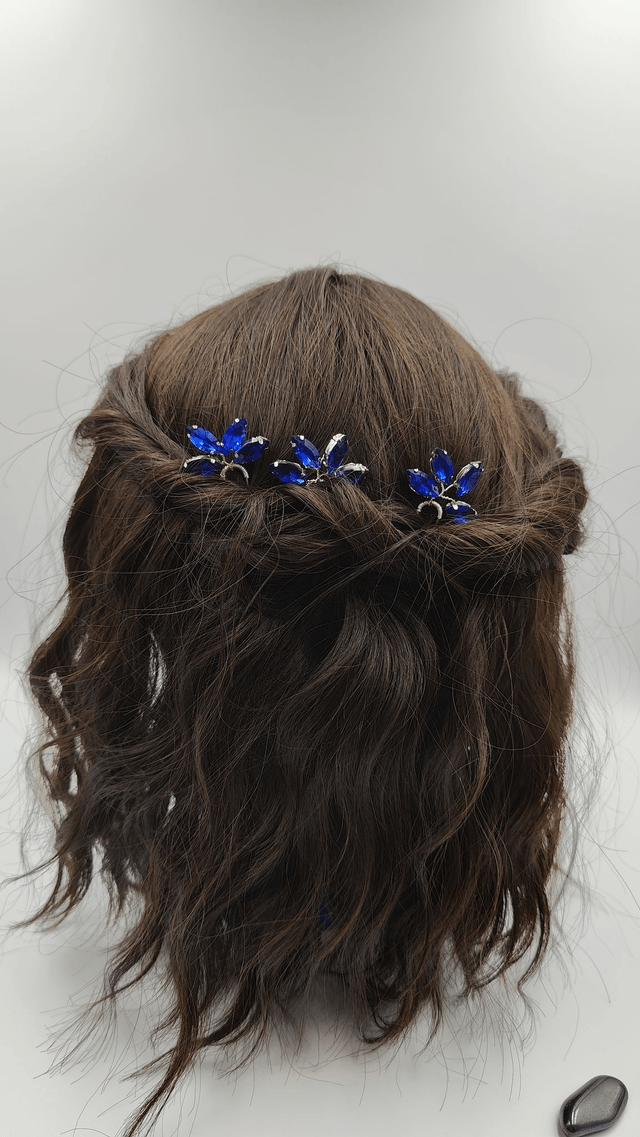 Lot de trois pics à cheveux argenté, cristaux bleu royale, rose ou vert, accessoire coiffure mariée
