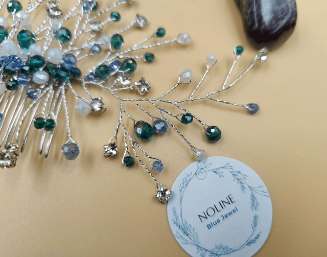 Peigne à cheveux strass brillant bleu, vert et argent, accessoire coiffure de mariée, bandeau pour cheveux, accessoire chignon