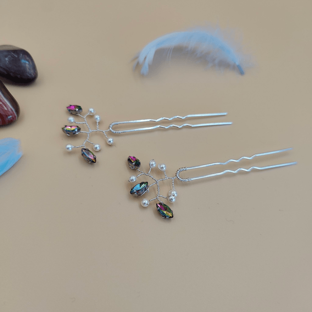 Épingles à cheveux argentées avec strass multicolores et perles ivoires - Accessoires faits main élégants pour coiffures