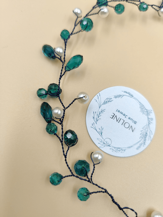 Vigne de cheveux perles et cristaux vert, bandeau de cheveux de mariée, couronne 
