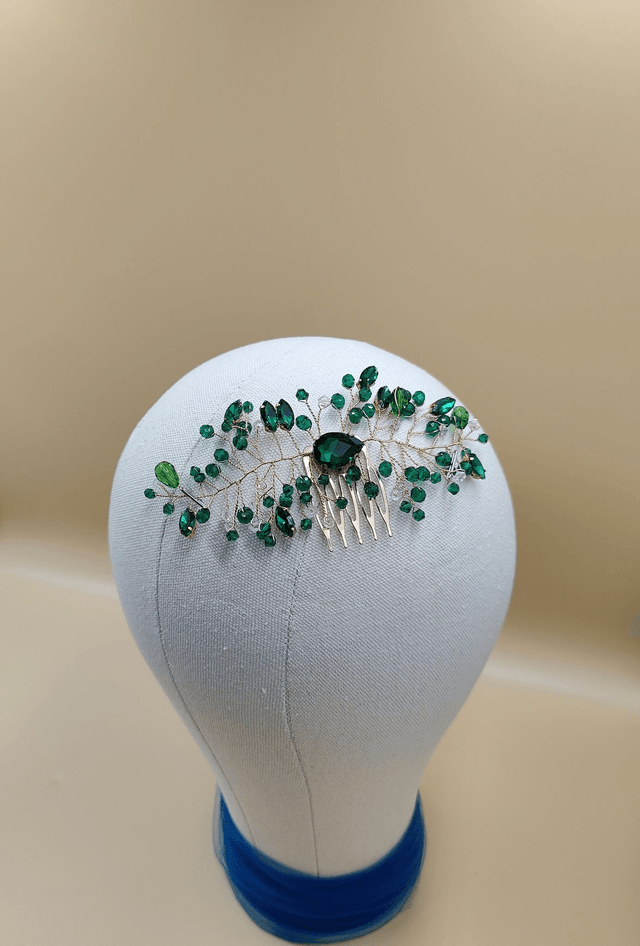 Peigne de cheveux en cristaux vert foncé et perle, accessoire de coiffure avec strass vert