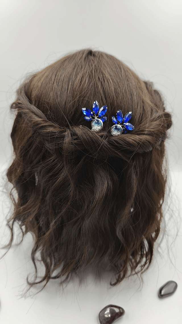 Épingles à Cheveux Argentées Scintillantes ,Lot de Deux épingles avec Cabochon couleurs au choix, bleu, vert ou rose