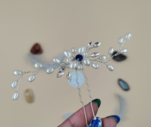 Pic à cheveux perles et strass bleu, petites épingles à cheveux perles blanches