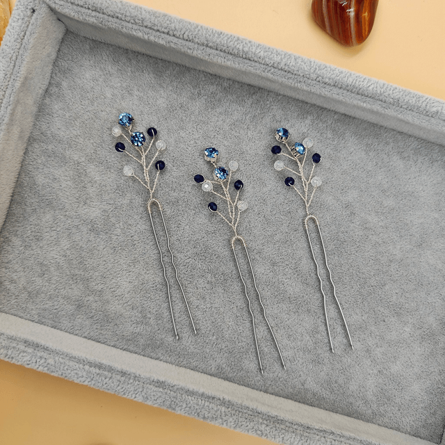 Lot de 3 épingles à cheveux argentées avec strass colorés - Choix de bleu, vert, noir ou rouge 