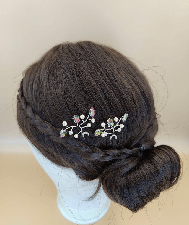 Épingles à cheveux argentées avec strass multicolores et perles ivoires - Accessoires faits main élégants pour coiffures