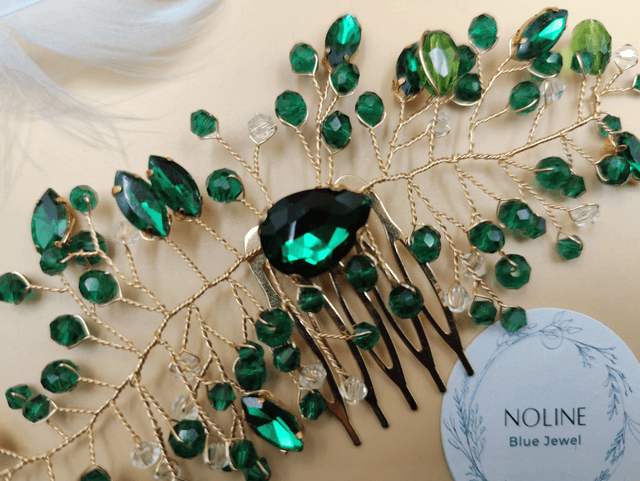 Peigne de cheveux en cristaux vert foncé et perle, accessoire de coiffure avec strass vert