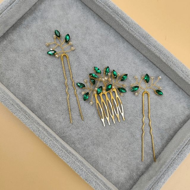  Parure cheveux dorée avec peigne et épingles assortis - Strass rose, bleu, vert, rouge ou noir