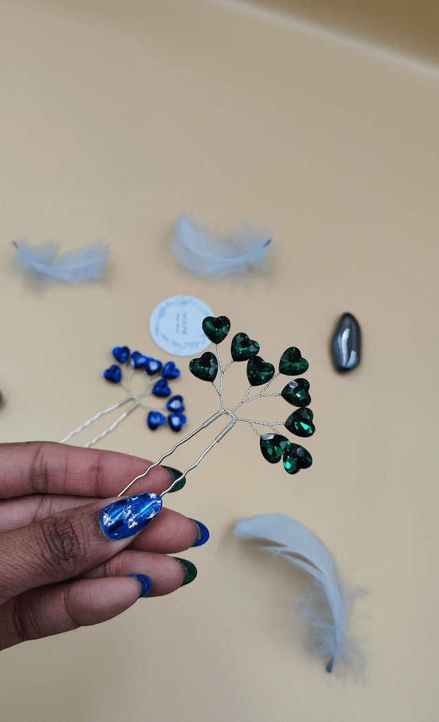 Pic à cheveux bleu ou vert, épingles à cheveux strass cœur bleu ou vert, accessoires de cheveux bleu ou vert