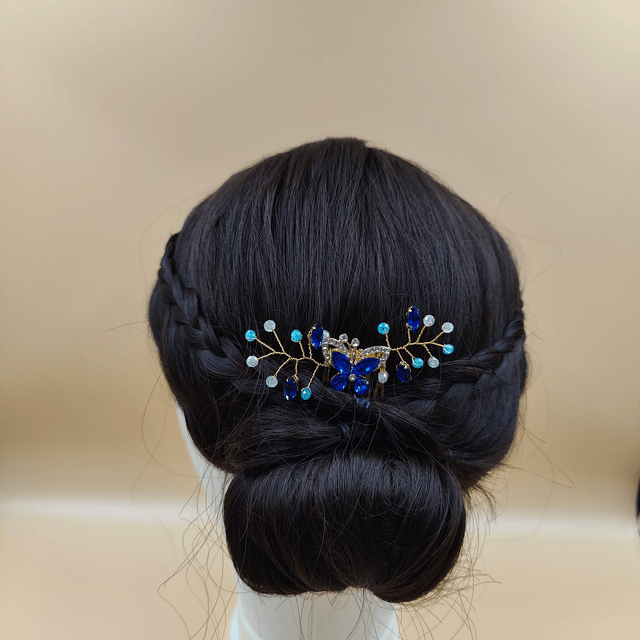 Peigne cheveux doré ou argenté avec papillon, strass bleus et perles 