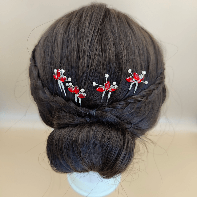 Lot de 4 épingles à cheveux argentées avec strass colorés et perles - 7 modèles: bleu aquamarine, bleu royal, rouge, vert, lavande, noir ou clair