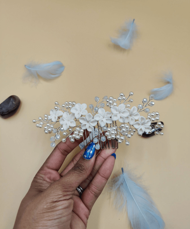 Bijoux cheveux fleurs en pâte polymère et perles, peigne à cheveux fleurs polymères