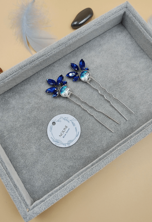Épingles à Cheveux Argentées Scintillantes ,Lot de Deux épingles avec Cabochon couleurs au choix, bleu, vert ou rose