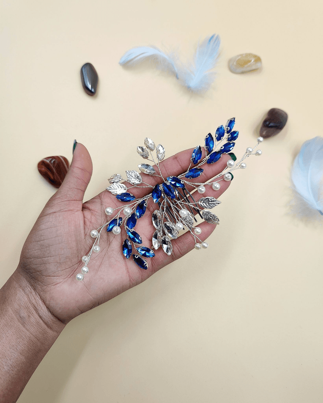 Peigne de cheveux argenté, strass bleu royale et transparent, peigne de cheveux de mariée, accessoire de coiffure