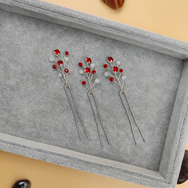 Lot de 3 épingles à cheveux argentées avec strass colorés - Choix de bleu, vert, noir ou rouge 