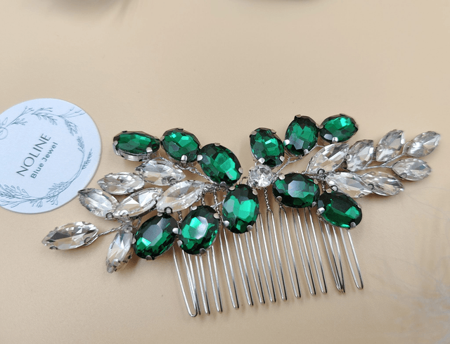 Peigne cheveux strass cristaux argenté et bleu royale ou vert