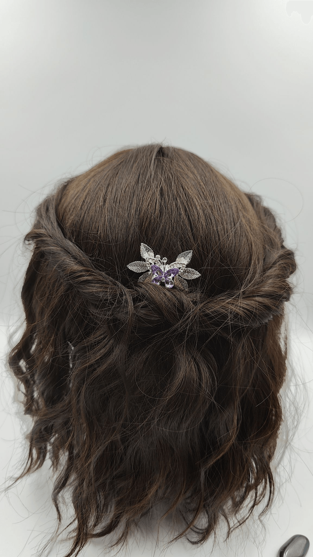 Petit peigne à cheveux élégant, bijoux papillon argenté et feuilles scintillantes