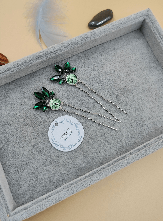 Épingles à Cheveux Argentées Scintillantes ,Lot de Deux épingles avec Cabochon couleurs au choix, bleu, vert ou rose