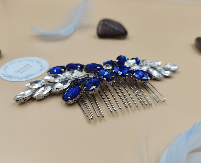 Peigne cheveux strass cristaux argenté et bleu royale ou vert