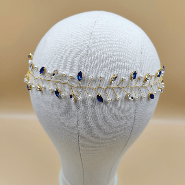Vignes cheveux dorées perles blanche et strass brillantes bleu royale, rouge ou noir