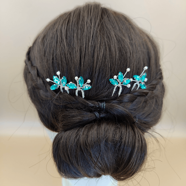 Lot de 4 épingles à cheveux argentées avec strass colorés et perles - 7 modèles: bleu aquamarine, bleu royal, rouge, vert, lavande, noir ou clair