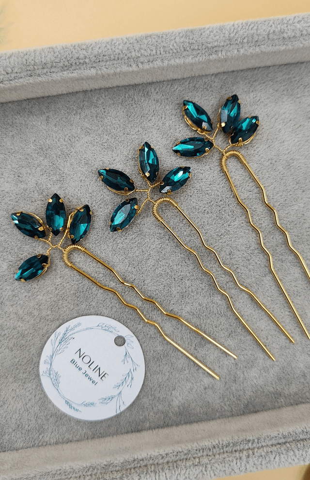 Lot de trois pics à cheveux dorée, cristaux bleu paon, rouge ou vert menthe, accessoire coiffure mariée