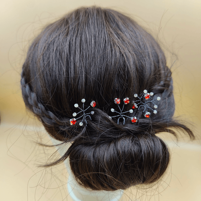 Lot de 3 épingles à cheveux noires avec strass rouges et perles argentées - Accessoires de coiffure élégant pour mariage, soirée ou fêtes